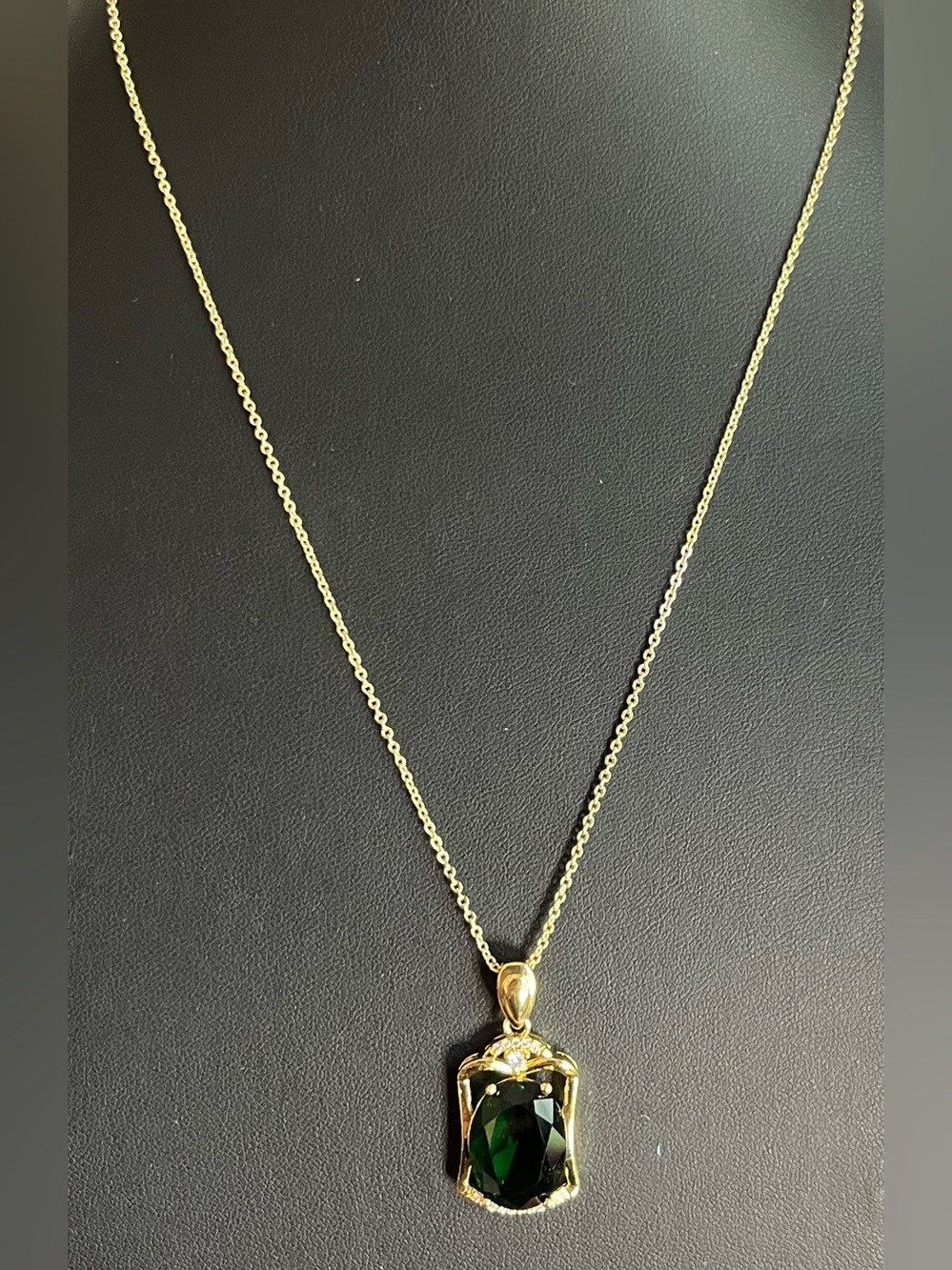Gold Pendant Necklace with Dark Emerald Crystal Gemstone 16-18”